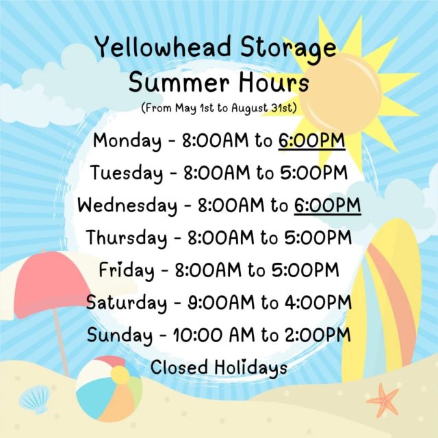 It's that time of year again!

We have extended our office hours for the Summer to better serve you 🌞

Our office will be open and ready to serve you at 8am Monday through Friday with 2 extended evenings on Mondays and Wednesdays, where we will be open until 6pm ✨ 

#summerhours #openforbusiness #officehours #yegstorage #edmontonbusiness