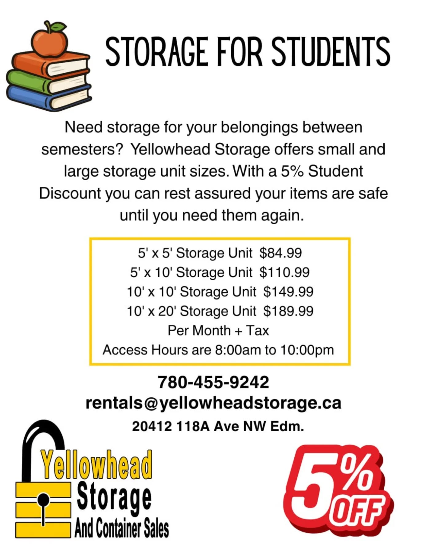We offer a 5% Discount for Students needing Storage ✨
Students may benefit from keeping their items in storage between semesters and we have sizes to accommodate everyone's needs. From small closet sized units to large units for furniture and other items.
Students who are looking to travel after graduation may also find a need for storage. Whatever your need may be we have a storage unit for you!
Give your parents their basement/garage/room back and keep your stuff in storage! 📦
Inquire today
☎️ 780-455-9242
📱 780-616-8906
📧 Rentals@yellowheadstorage.ca
🌐 www.yellowheadstorage.ca
#student #studentdiscount #storagesolutions #graduation #yegstudents