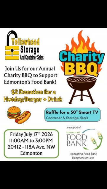 You're Invited to our upcoming Charity Summer BBQ!!
Once again we will be supporting Edmonton's Food Bank with all the proceeds from our BBQ 🍔🌭
Join us Friday July 17th between 11am and 3pm onsite for Burgers, Hotdogs, drinks, storage deals and a Raffle!
This year's raffle prize is a 50" Smart TV 📺
We can't wait to celebrate Summer with you while supporting a great local organization! This event is kid & pet friendly so bring the whole family 💛
Let us know in the comments if we will see you there !
#charitybbq #yegfoodbank #yegevents #summerevents #charityevent
