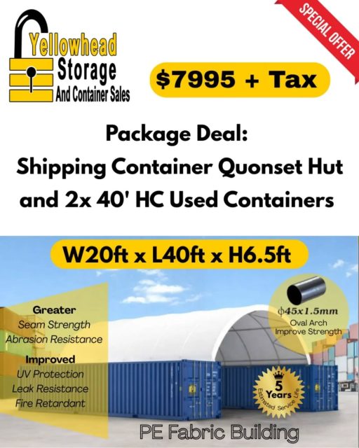 Have you seen these Container Quonset Huts?!
They are becoming increasingly popular as a multi-functional storage option!
With 2x 40ft high cube containers you get lots of secured covered storage for your items plus a large covered area to store equipment, vehicles and anything else you can fit in there!
The ideal storage solution for farms, acreages and businesses with enough space to set one up
We've got a limited supply of these packages available. Our package comes with the Quonset Hut and 2 of our 40' HC Used cargo worthy containers. You can even pick your 2 shipping containers to go with the Quonset Hut!
In person container viewings available Monday to Friday between 9am and 3pm or by appointment
☎️ 780-455-9242
📱 780-616-8906
📧 Sales@yellowheadstorage.ca
🌐 www.yellowheadstorage.ca
#storagesolutions #limitededition #yegstorage #fyp #quonsethut
*Images made with the help of AI