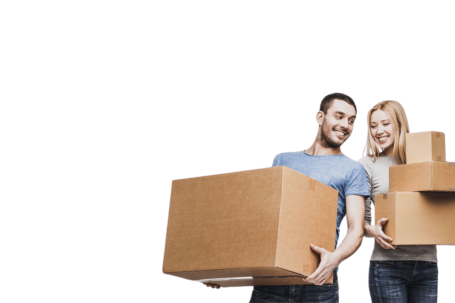 Man and woman holding moving boxes while moving into storage